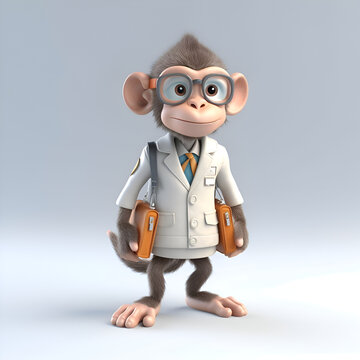 3D illustration of a cartoon monkey in a lab coat holding a briefcase