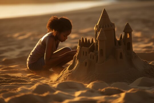 Joyful Builder: Girl's Sandcastle Creation at Sunset. Generative AI