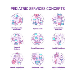 Pediatric services concept icons set. Child development. Health care. Childhood illness. Baby doctor. Childcare center idea thin line color illustrations. Isolated symbols. Editable stroke