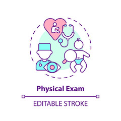 Fototapeta premium Physical exam concept icon. Clinic appointment. Baby doctor. Medical check up. Doctor visit. Newborn care abstract idea thin line illustration. Isolated outline drawing. Editable stroke