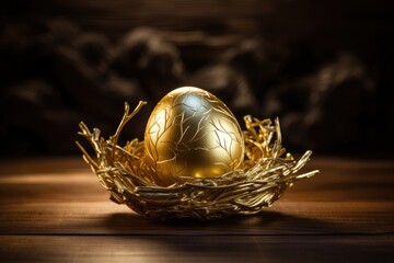 Golden egg in a nest on a wooden background. Easter concept. A shiny and glowing golden egg on the small bird's nest on a wooden surface, AI Generated