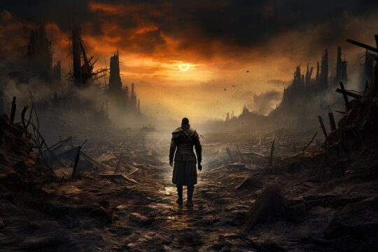 Woman standing in the ruins of a destroyed city. 3D rendering, A soldier march toward on an apocalyptic ruined landscape, full rear view, AI Generated