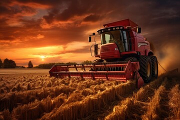Fototapeta premium Combine harvester working on a wheat field at sunset. A tractor harvesting wheat starch in the sunset on a country field, AI Generated