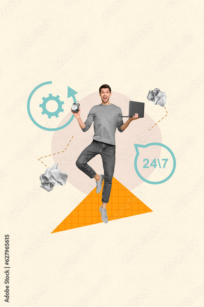 Poster vertical billboard collage of funny workaholic businessman hold laptop with timer reminder around cl