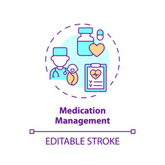 Medication management concept icon. Doctor prescription. Side effect. Disease treatment. Pediatric hospital. Care plan abstract idea thin line illustration. Isolated outline drawing. Editable stroke