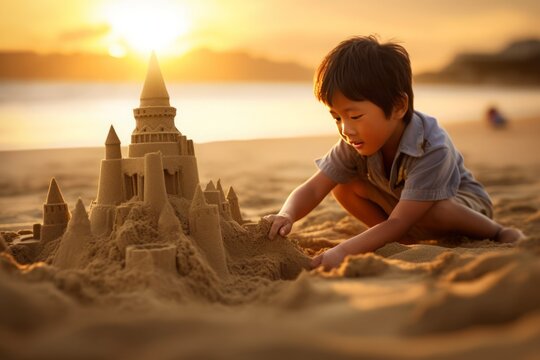 Joyful Builder: Boy's Sandcastle Creation at Sunset. Generative AI