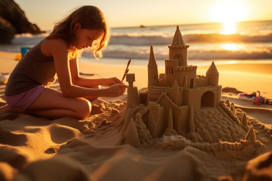 Joyful Builder: Girl's Sandcastle Creation at Sunset. Generative AI