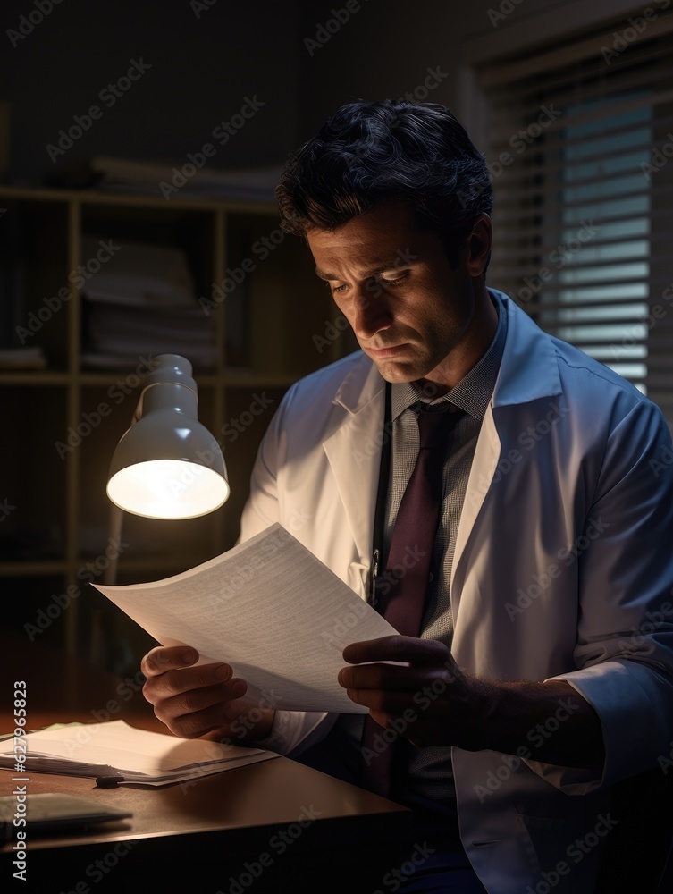 Poster a man in a lab coat is reading a piece of paper. generative ai.