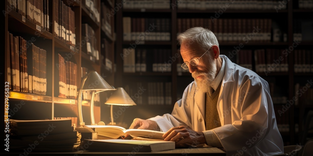 Poster a man reading a book in a library. generative ai.