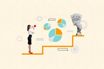 Artwork collage picture of mini elegant girl speak loudspeaker toa big black white colors arm hold dollar bills stats diagram dialogue bubble