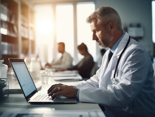 A man in a lab coat is typing on a laptop. Generative AI.