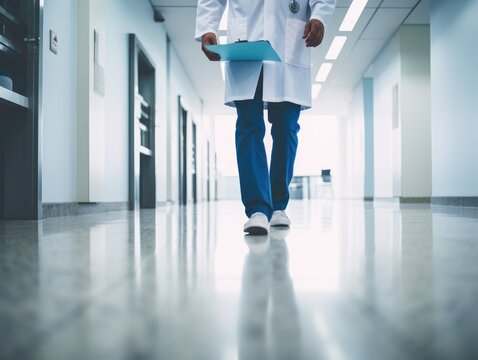 A Doctor Walking Down A Hospital Hallway Holding A Clipboard. Generative AI.