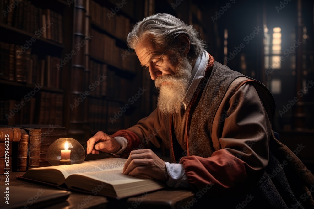 Poster an old man reading a book in a library. generative ai.