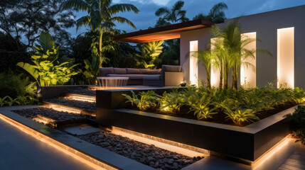 Fototapeta premium Modern house landscape illuminated ин creative light designs Generative AI