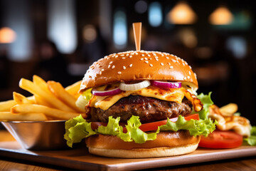 Delicious beef cheeseburger with french fries in a restaurant