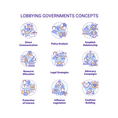 Editable icons set representing lobbying government concepts, isolated vector, thin line colorful illustration.
