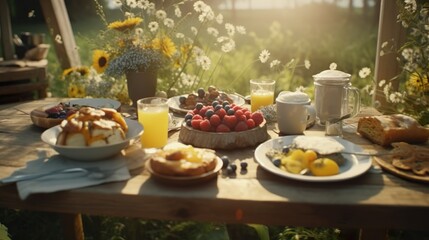 Fototapeta na wymiar Organic breakfast on countryside scene