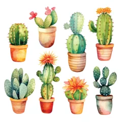 Fotobehang Cactus in pot Watercolor set of cacti and succulent plants isolated on white background. Flower illustration for your projects, greeting cards and invitations.