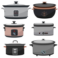set of vector illustration slow cooker for rice and other food in kitchen preparing flat design style