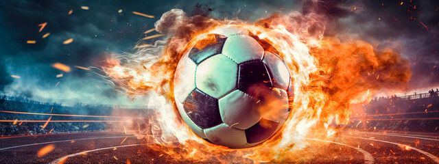 soccer, football ball in explosion of fire energy and movement, sports performance, banner made with Generative AI