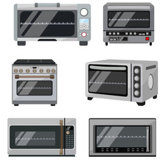 Microwave oven. Vector set illustration. Power off, open, with dish, power on. An automatic appliances used for cooking