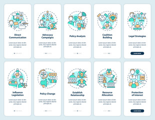 2D icons representing lobbying government mobile app screen set. Walkthrough 5 steps colorful graphic instructions with thin line icons concept, UI, UX, GUI template.