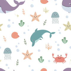 Childish seamless pattern with underwater life. Endless background with cute cartoon crabs,  starfishes, whales, dolphins, seashells, jellyfish, corals, seaweeds and bubbles.  Vector.