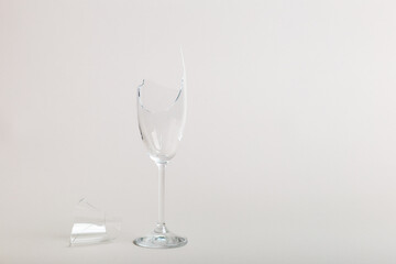 broken, broken glass, champagne, sparkling wine, accident, light background, bad, hurt, food and drink, fall, alcoholic, recycling, crushed, closeup, concept, destruction, copy spae for text, glasses,