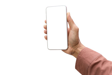 hand holding smartphone with white screen and isolated on transparent background with PNG file, application design concept