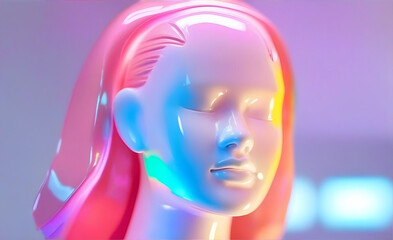 Women's Plastic Glossy Mannequin Head, neon Illumination, Futuristic Illustration