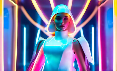 Fototapeta premium A girl in a futuristic white suit with neon lighting, cover design, illustration of the fashion of the future
