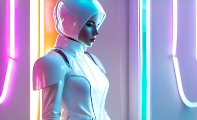 A girl in a futuristic white suit with neon lighting, cover design, illustration of the fashion of the future