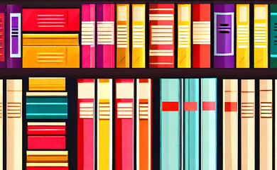 Multicolored books and folders on the shelves are arranged in rows, colorful flat illustration, generative AI