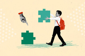 Creative collage of black white colors arm point finger help boy match two puzzle pieces isolated on drawing beige background