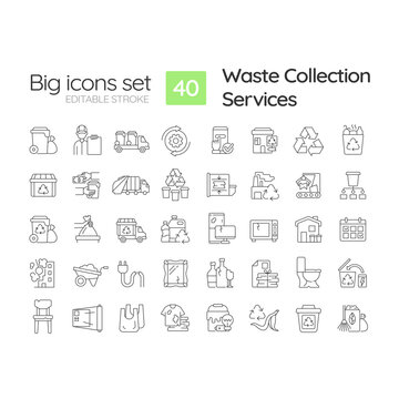 Waste collection services linear icons set. Trash removal. Garbage sorting. Environmentally friendly. Customizable thin line symbols. Isolated vector outline illustrations. Editable stroke