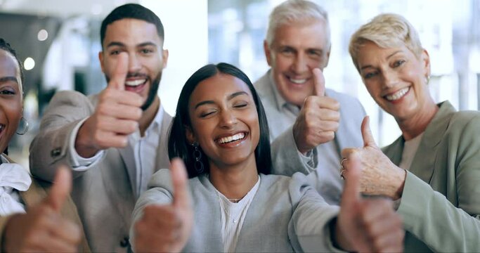 Business people, thumbs up and face for success, teamwork celebration and like, winner goals or thank you. Corporate, internship diversity and executive support, yes and ok emoji with group portrait