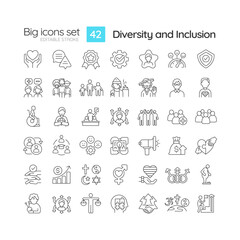 Diversity and inclusion linear icons set. Equal opportunity. Unconscious bias. Anti discrimination. Customizable thin line symbols. Isolated vector outline illustrations. Editable stroke
