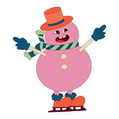 Groovy Christmas funny character snowman. Retro winter holiday snow with skates. Merry xmas element. Retro cartoon vector illustration. Holiday trippy design.