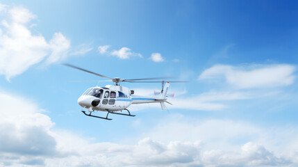 Fototapeta na wymiar White business helicopter or aerotaxi flying in the blue sky