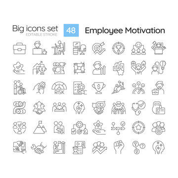 Employee motivation linear icons set. Job satisfaction. Positive attitude. Workplace wellness. Team building. Customizable thin line symbols. Isolated vector outline illustrations. Editable stroke