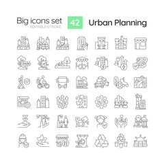 Urban planning linear icons set. City growth. Infrastructure development. Transportation network. Customizable thin line symbols. Isolated vector outline illustrations. Editable stroke