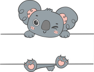 Cute Baby Koala Animal hanging on Tag Name Frame Hand kid Drawing Illustration