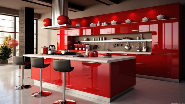Contemporary red kitchen with big counter, island chairs and ventilation