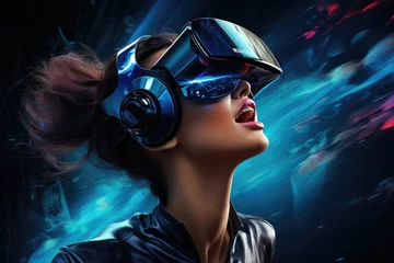 A woman wearing VR headset user, surreal world and virtual reality, colorful flowers fields. Generative AI © itchaznong