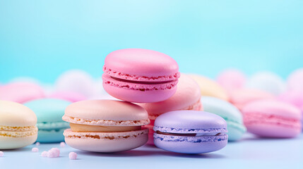 Colorful tasty macarons with pastel color background. French dessert sweet food with pastel colors. Multi colored candy assortment for bakery.
