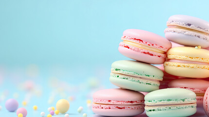 Fototapeta na wymiar Colorful tasty macarons with pastel color background. French dessert sweet food with pastel colors. Multi colored candy assortment for bakery.