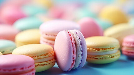 Colorful tasty macarons with pastel color background. French dessert sweet food with pastel colors.