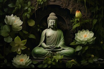 Buddha statue with lotus flower and green leaves background.Generative Ai