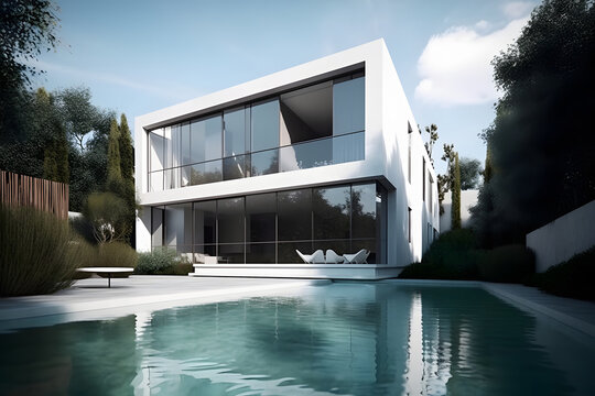 real estate design. modern contemporary rectangular shaped individual living house with large pool in front of it, neural network generated image