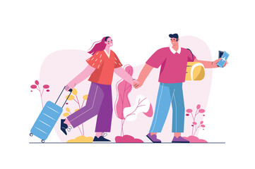 Travel concept with people scene in the flat cartoon design. A young couple is in a hurry to go on a trip. Vector illustration.